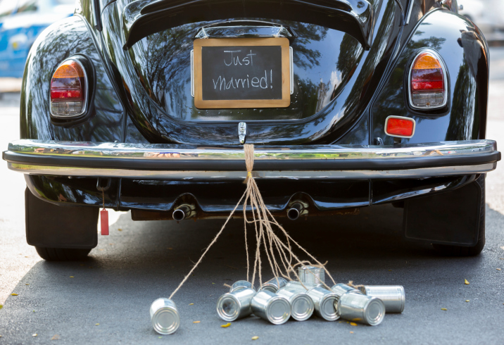 Just married sign and cans attached